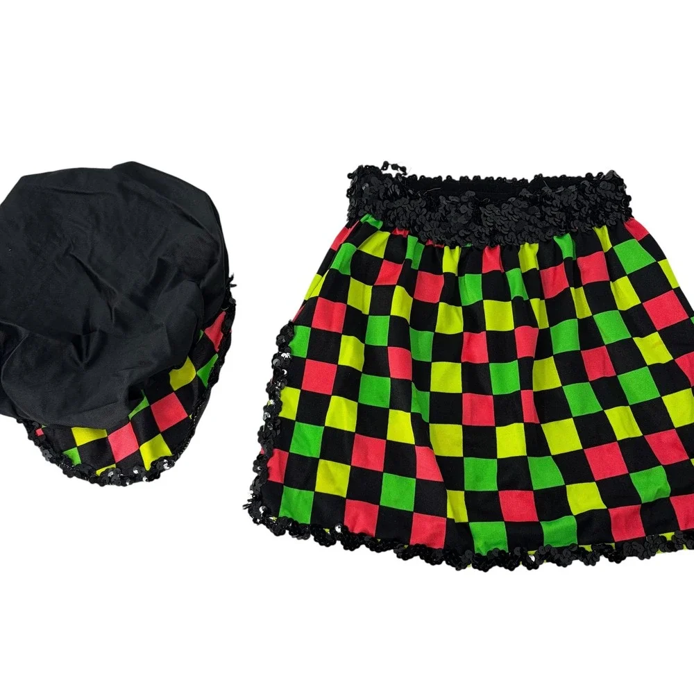 VTG 90s Dance Costume Neon Checkerboard Sequined‎ Skirt & Hat Set Jazz Hip Hop
